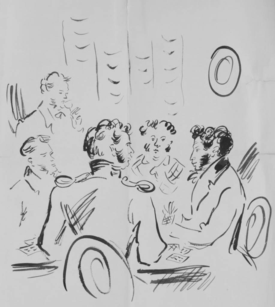 Н. В. Кузьмин. Пушкин и декабристы. Иллюстрация к роману в стихах "Евгений Онегин". 1933 год.