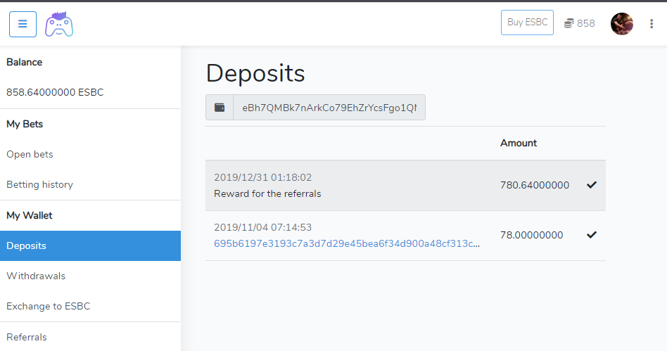 Страница депозитов Платформы ставок ESBC