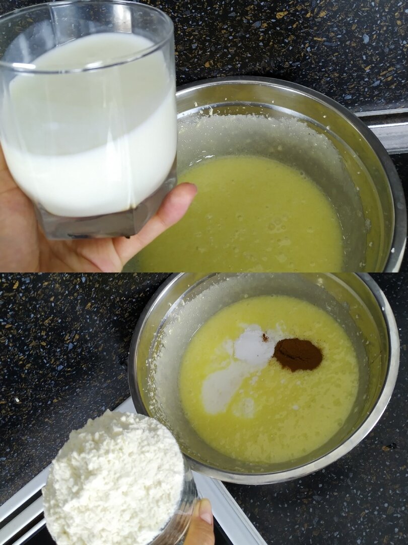 Влить кефир, добавить разрыхлитель, соль, корицу и муки, перемешать до однородности при помощи венчика.