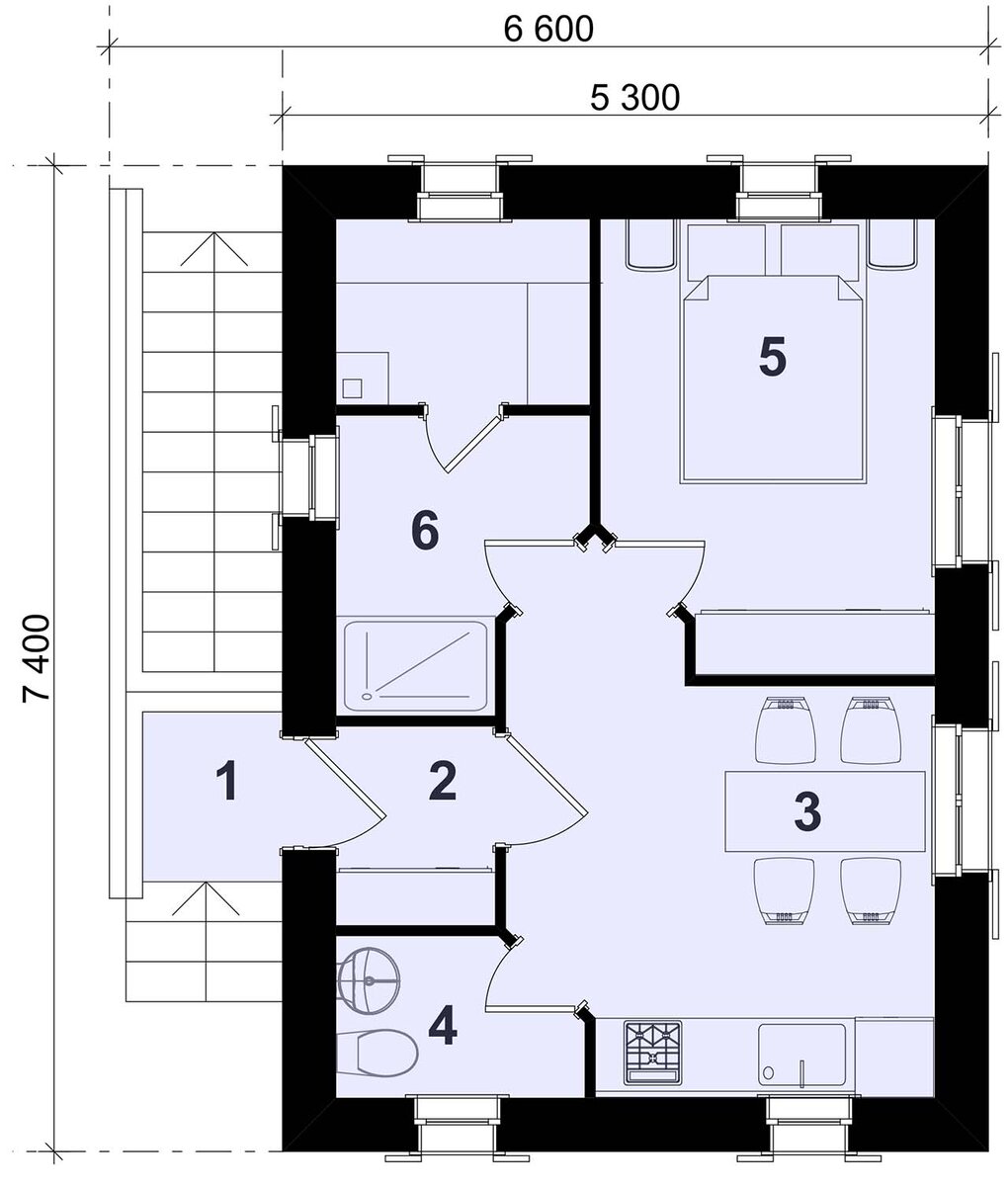 Жильё и банька: 1. крыльцо; 2. прихожая с гардеробной 2.0 м2; 3. кухня-столовая 6.0 м2; 4.туалет 2.2 м2; 5. спальня 10.1 м2; 6.парная 6.5 м2