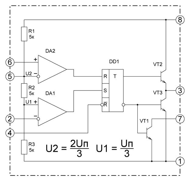 Рис. 1. Функциональная схема таймера КР1006ВИ1 ( NE555 ).
