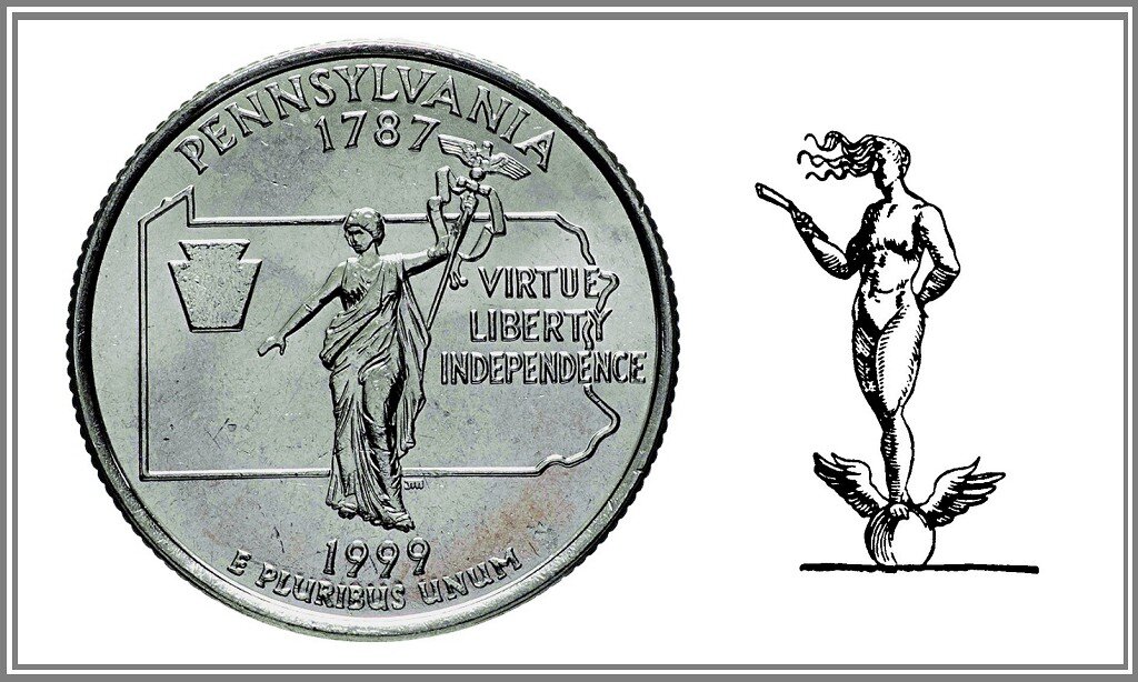 Монета 25 центов, посвященная штату Пенсильвания. Обратите внимание на НЕДОСМОТР  авторов монеты (которые явно утеряли что-то важное историческое из своего прошлого): статуя на их монете НЕ стоит на шаре! Вернитесь опять к первому фото: оригинальная статуя там явно СТОИТ НА ШАРЕ. И это - не случайность! (Купол крыши проще было бы без шарика сделать! А всё потому, что шар - это не часть «крыши», а часть скульптуры!) Его значение: «цельность, удача, мироздание» и многое другое. Для понимания важности значений «шара»: справа изображение «богини счастья Фортуны»: она изображена сверху на шаре. Шар у богини крылатый. Но крылья свойственны только богам и «небесным» обитателям. А так как «Содружество» - не богиня (в отличие от Фортуны), то ей достаточно просто шара. Крылья ей не положены. О мистическом значении «шара» явно знал давнишний скульптор. Но абсолютно не знал современный автор изображения на монете. (Он, вероятно, тоже жертва американского ЕГЭ. Не знающий собственной истории. Не всё, как видим, одной только российской школе страдать..).