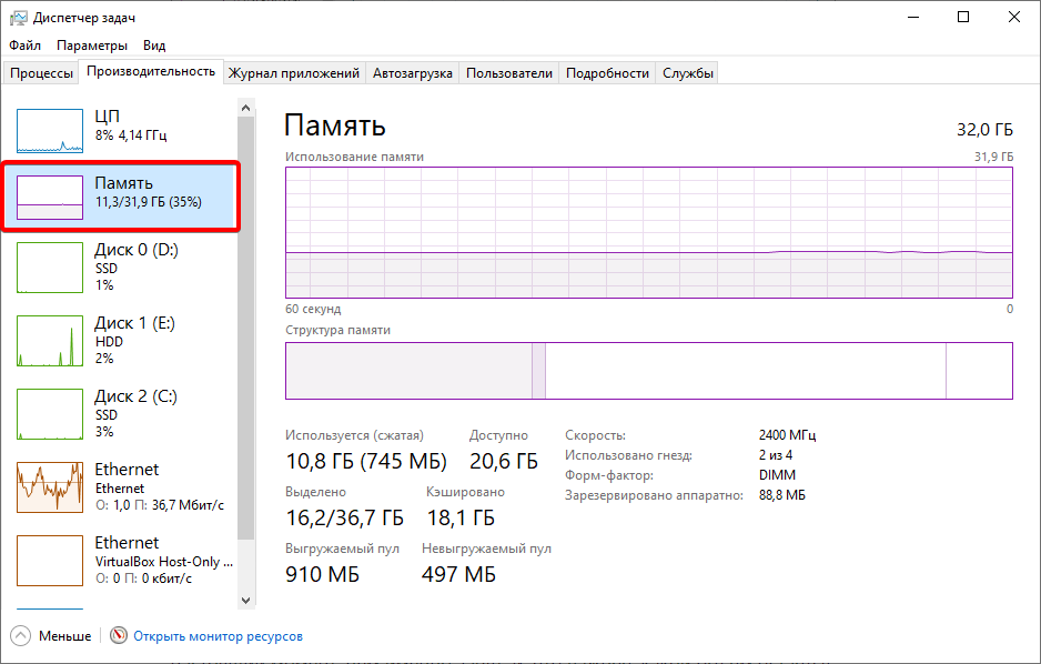 Раздел память в диспетчере задач