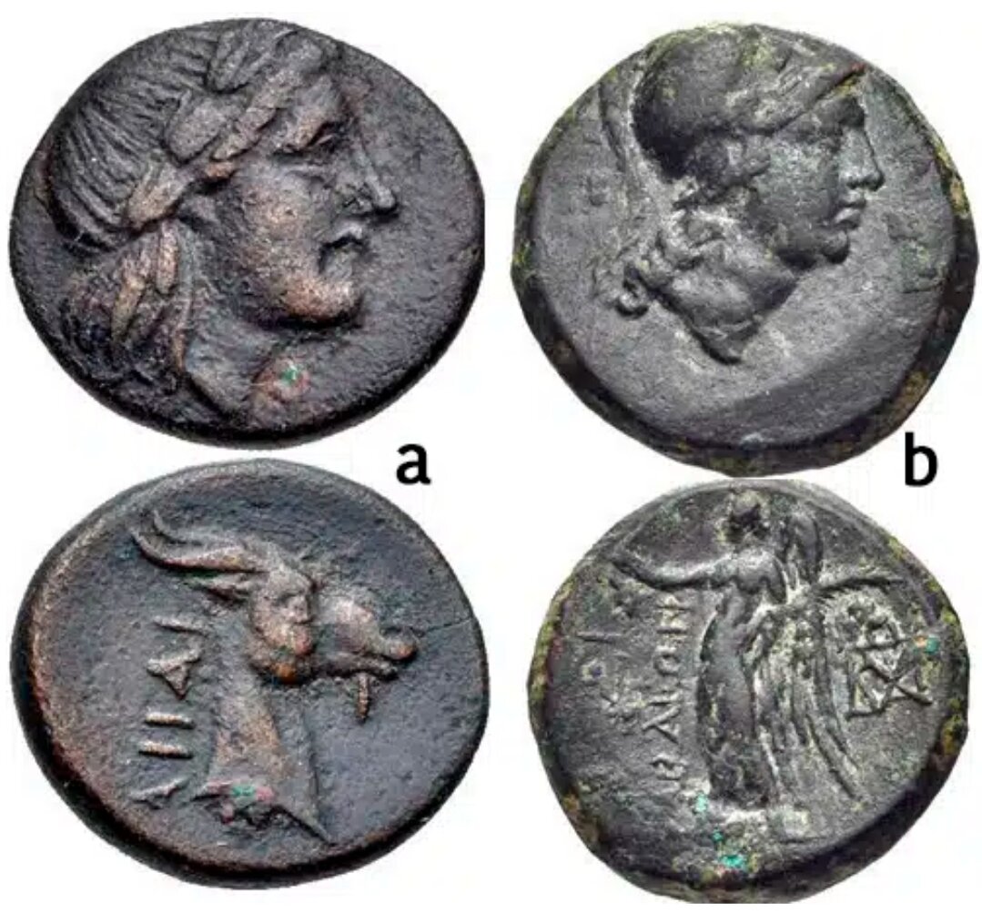 Рисунок 2: Эолида, Эгеи. а) Конец 4-го или.3-й век до н.э., голова Аполлона вправо / Голова козла вправо, 4,25 г (70 $). б) 2-1-й века, голова Афины в шлеме вправо / стоящая Ника влево, держащая венок и пальму; монограммы слева и справа, 4,11 г (74 $).