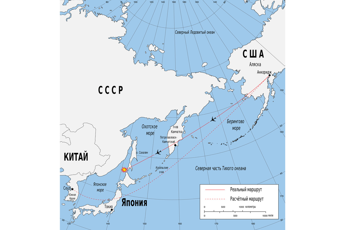 Плановый и реальный маршруты рейса KE007 / Фото: Wikimedia Commons