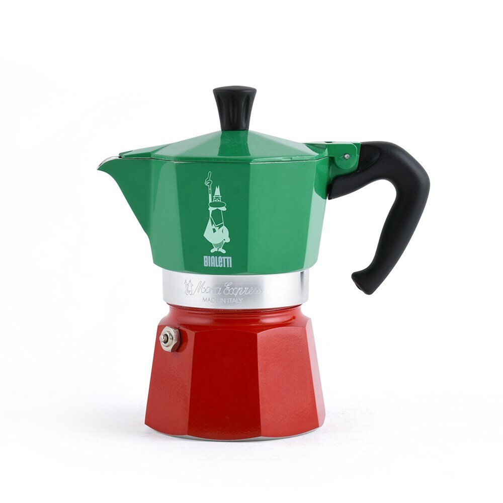 Гейзерная кофеварка Bialetti, которая является символом моего канала, в "итальянских" цветах. 