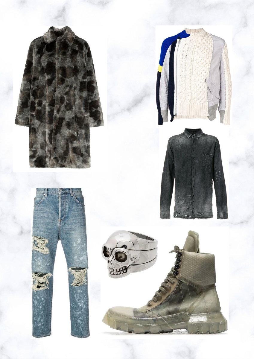 BALENCIAGA шуба Opera из искусственного меха за 197 000р. SACAI джемпер в стиле пэчворк за 73 000р. Как будто сам связал. Состаренные джинсы от Balmain за 52 000р.  Состаренная джинсовая рубашка от Thom Krom за 13 000р. Выглядит лет на 50. Ботинки на шнуровке 'Stivale' от Rick Owens за 80 000р. Серебристое латунное кольцо 'Divided Skull' от Alexander McQueen за 20 000р. Итог: 435 000р.                                                