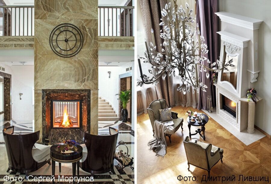 Камин, облицованный ониксом и мрамором, отделяет зону отдыха от лестничного холла (фото слева). Авторы проекта: дизайнеры Мария Делова, Елена Романцова. Масштаб двусветной гостиной подчеркивает высокий камин в классическом стиле. Массивное зеркало акцентирует глубину и объем помещения (фото справа). Авторы проекта: дизайнер Анна Быстрова, декораторы Ирина Шульгина, Инна Тулупова (архитектурное бюро AB Home).