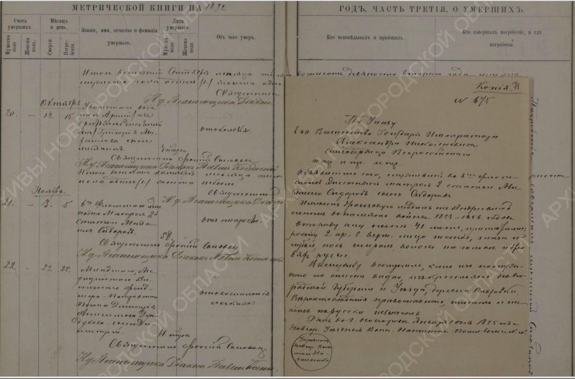 Метрическая книга за 1892 год, Новгородская губерния, ГАНО. Прикреплен паспорт матроса за 1875 год.