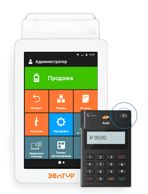 Смарт терминал ЭВОТОР СТ7.2Ф и терминал по приему банковских карт 2can P17