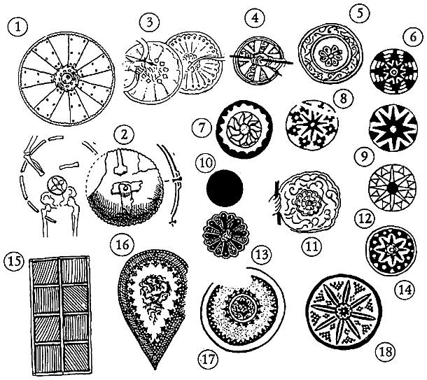 Изображения монгольских щитов, скопированные с различных визуальных источников. Здесь есть как плетеные (5,6) щиты, так и кожаные/деревянные (7,8,9,1214,18) , и полностью металлические (1,3,13). 