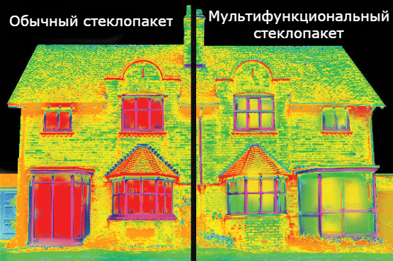 Дом с обычными и мультифункциональными окнами через экран тепловизора, где красное - зона потери тепла