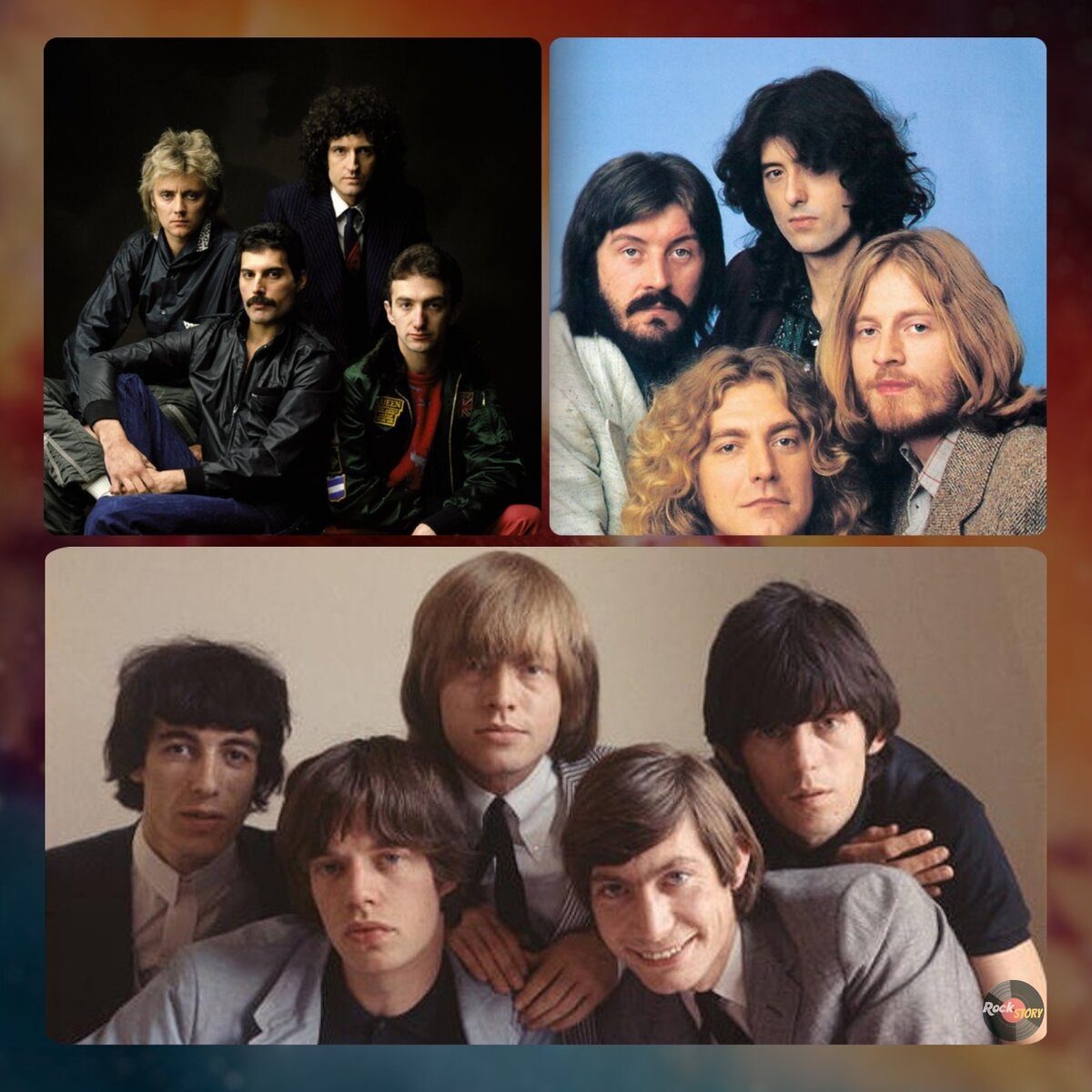 На фотографии участники коллективов: Queen, Led Zeppelin и The Rolling Stones