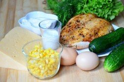 Куриная грудка 300 гр   Сыр любой 100 гр Огурцы 2шт 
Кукуруза консервированная 200 гр 
Лук репчатый 1шт 
Молоко 2 ст.л 
Яйца 2 шт
Майонез 1 ст.л
Соль по вкусу
Зелень по вкусу