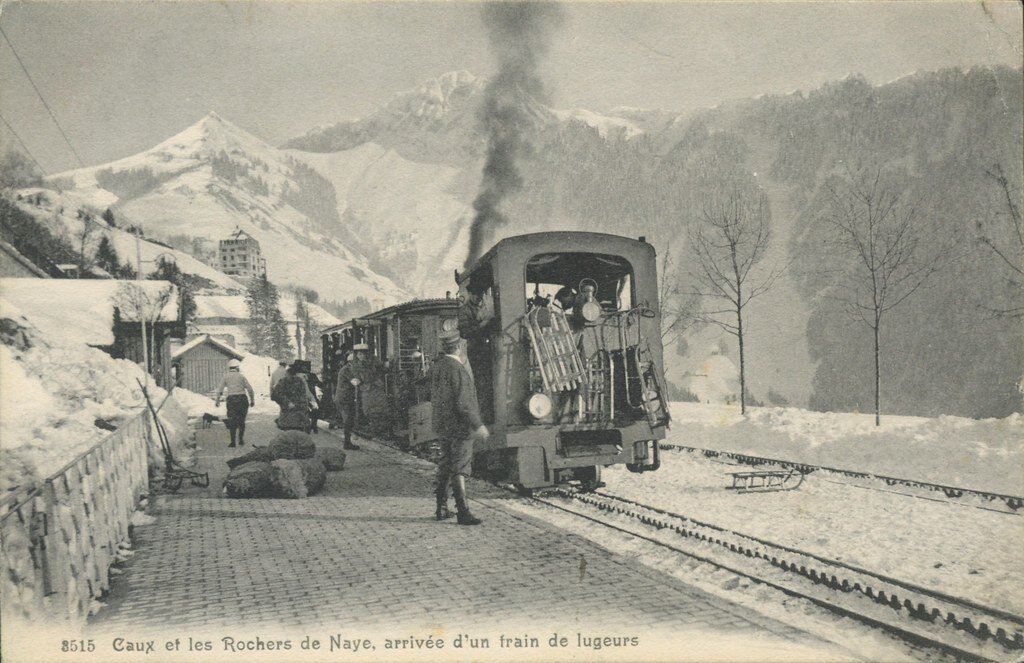 Поезд с саночниками прибывает из Монтрё в Роше-де-Найе. (1903 год)