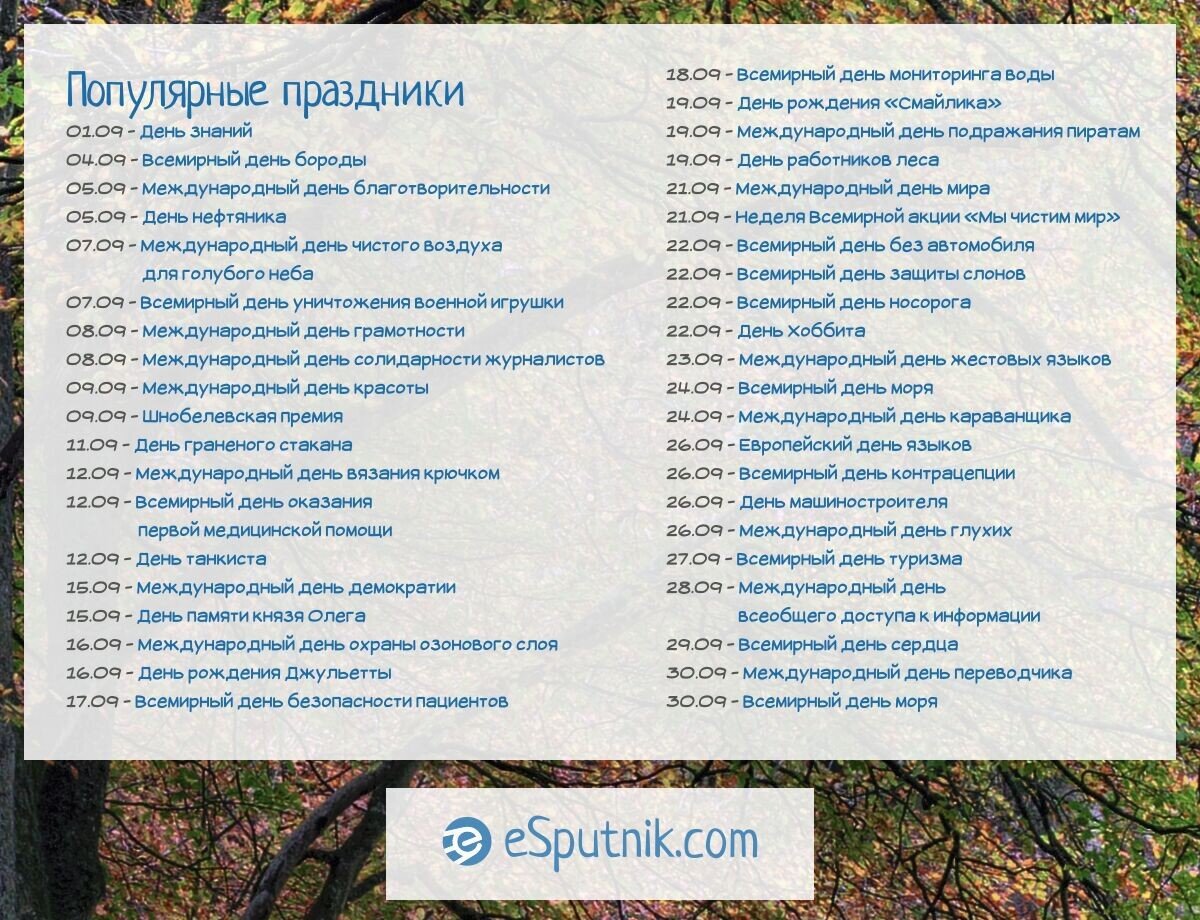 Популярные праздники сентября 
