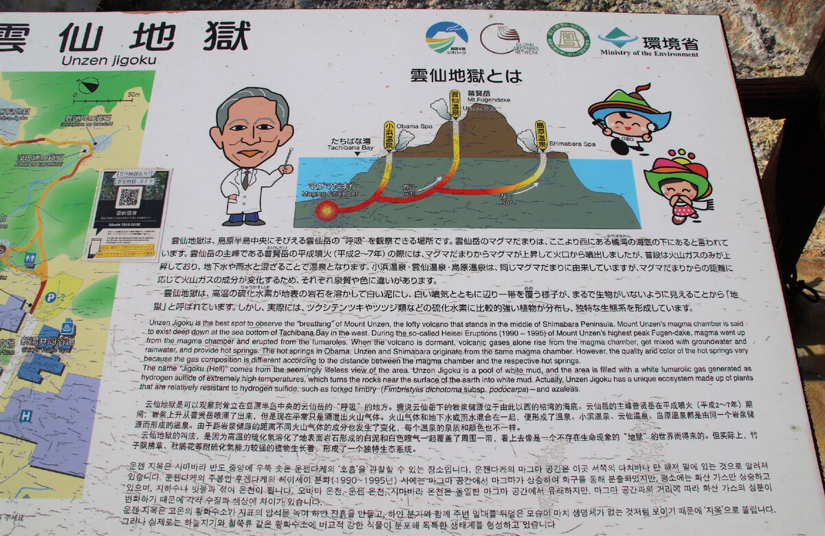 В парке Unzen Onsen Jigoku. Информация о магматическом бассейне вулкана Унзэн