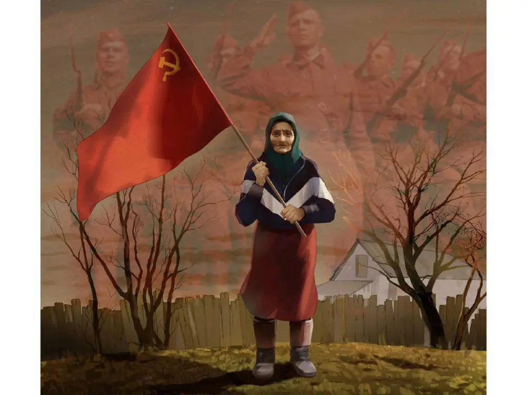 бабушка с красным флагом на украине 2022. граффити на русском. бабушка с красным флагом. бабушка с советским флагом. бабушка с флагом ссср на украине.