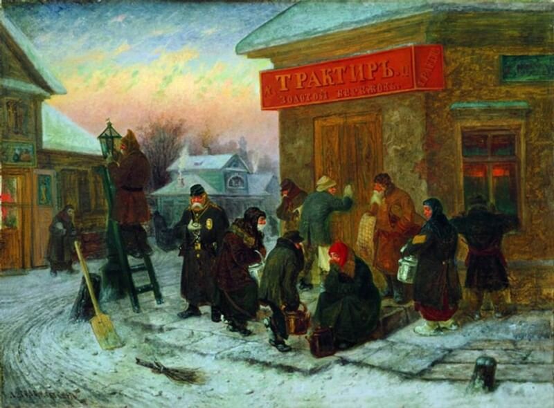 На картине Леонида Соломаткина «Утро у трактира» видно, как фонарщик, поднявшись по приставной лестнице, занимается своим делом — тушит свечу.