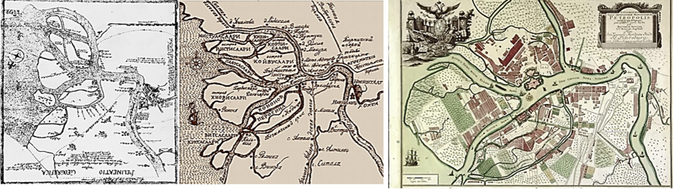 Процесс оседания верхнего Петрополиса. Слева -шведская перевёрнутая карта островов, ставших Петербургом (со взглядом с Севера, что говорит о ей происхождении от верхней цивилизации). Русская карта в середине с Ниеншанцем имеет совсем иные очертания островов, уже похожие на нынешние. Здесь изображён потому момент перед самым оседанием верхнего города. Справа - карта осевшего Петрополиса 1744-го года с нижним Петербургом, называемым теперь Петербургской стороной.