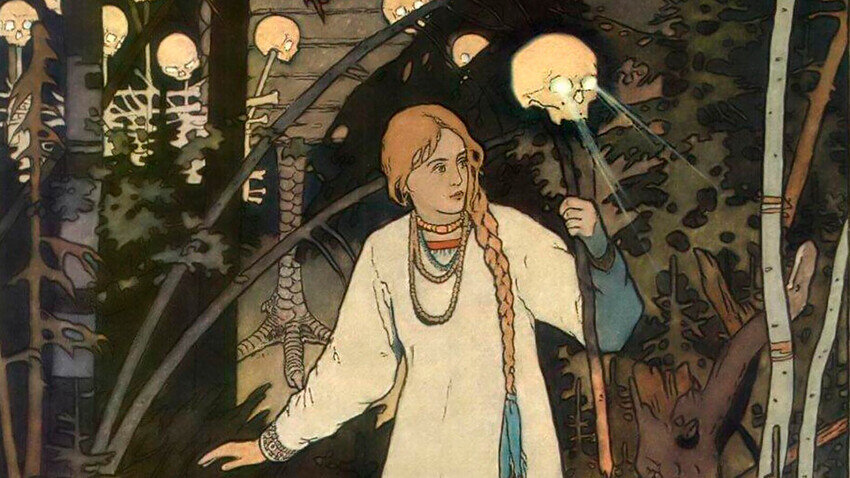 Иван Билибин. «Василиса Прекрасная у избушки Бабы-Яги» (фрагмент). 
Незамужняя, «однокоска» Василиса по сути ведьма, знающаяся с нечистой силой.