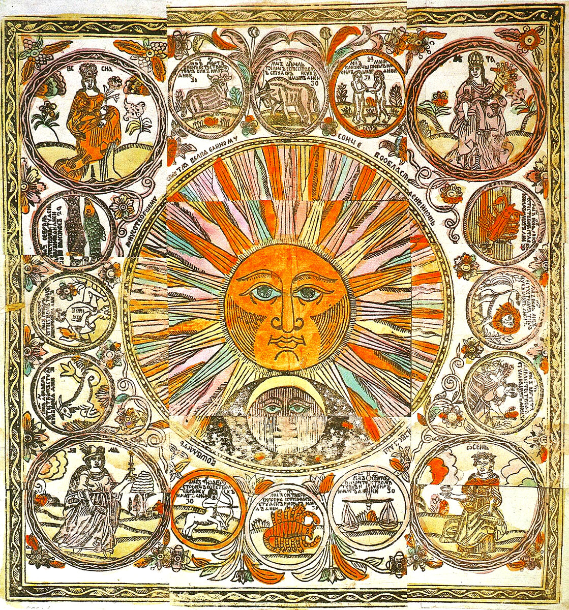 Солнце, Луна, времена года и двенадцать месяцев в виде знаков Зодиака. Лубок. Конец XVII -начало XVIII в.