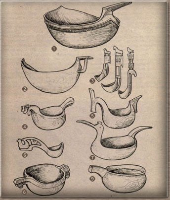 1...5 - ковши из разных областей России (3 - ковш-черпак для разливания напитков), 6...9 - черпаки и ендовы