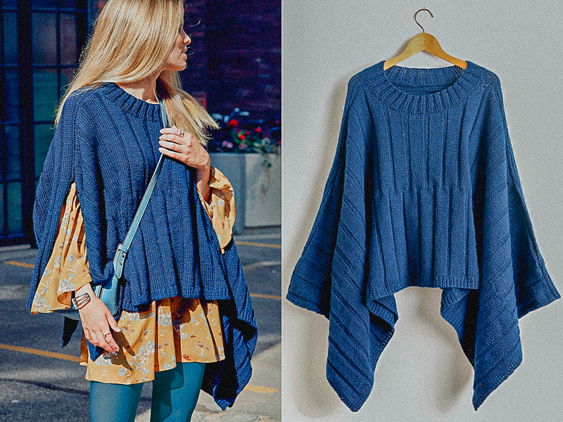 Вязаное пончо в красивом темно-синем оттенке