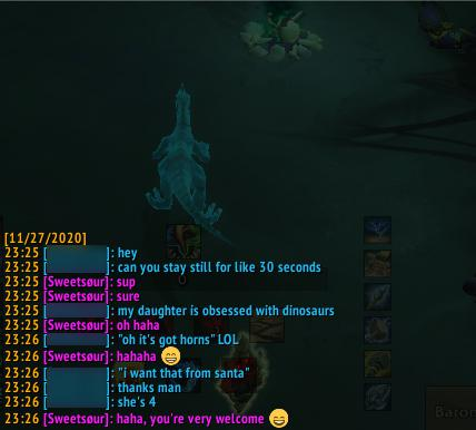 I can't say I've ever experienced something so adorable while playing this game. I was just handing in a quest while in ghost raptor form