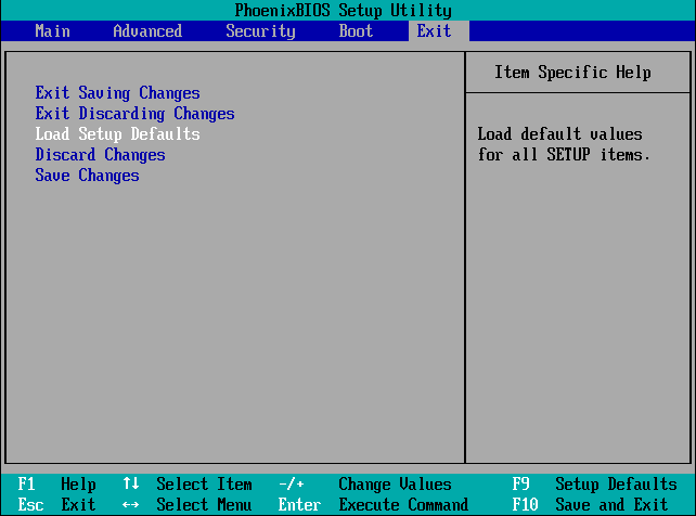 Save configuration changes. Load Setup defaults.