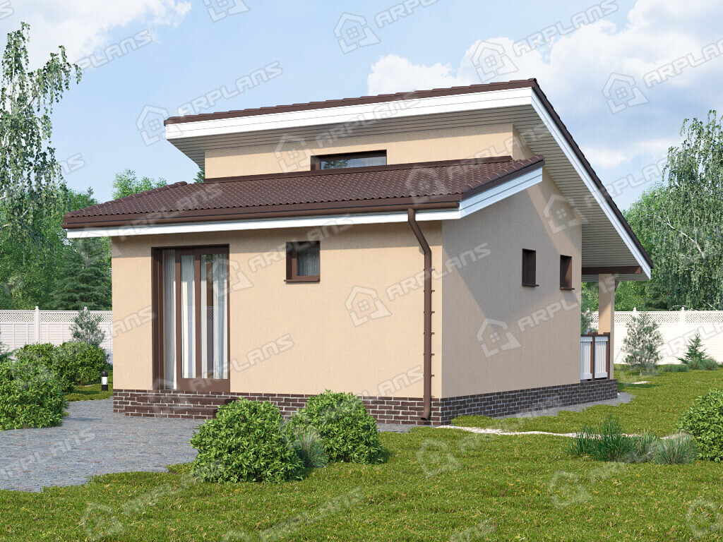 Фото 2 одноэтажной бани из газобетона с комнатой отдыха и террасой. 40 кв м. Источник arplans.ru Проект Б-073.