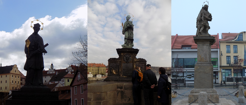 Статуи Яна Непомуцкого - слева направо: Чески Крумлов, Прага, Брандис-над-Лабем (фото из личного архива)