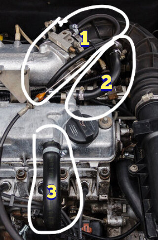 На примере двигателя ВАЗ 2111.1)Компенсирующий шланг.2) патрубок выхода картерных газов (через него и закидывае масло).3) патрубок соединяющий блок и ГБЦ.
