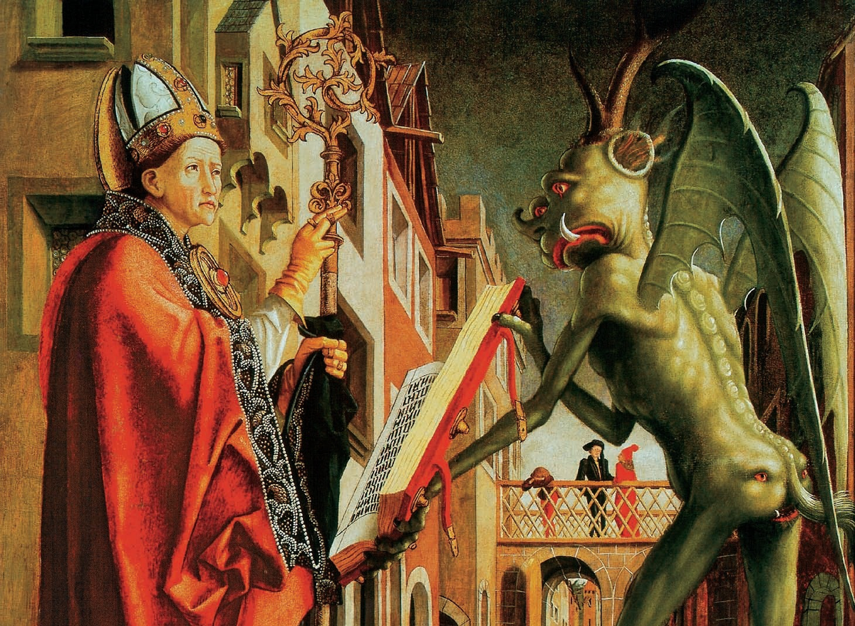 «Блаженный Августин и дьявол». Михаэль Пахер, 1475 г.