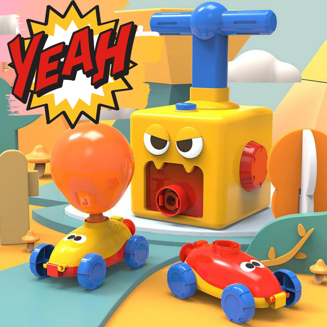 Игрушка состоит из нескольких машинок, шариков и насоса. В машинку помещается шарик и надувается насосом, после того как шарик надулся нужно нажать кнопку на насосе для того чтоб машинка поехала.

