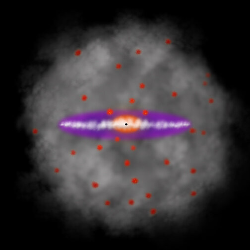 Предполагаемая структура Млечного Пути: «звёздный» диск из двух компонентов (толстый и тонкий диск), ядро (балдж), шаровые звёздные скопления и гало тёмной материи.