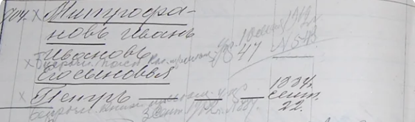 Запись о рождении Петра Ивановича из "Посемейного списка" мещан Малой Вишеры