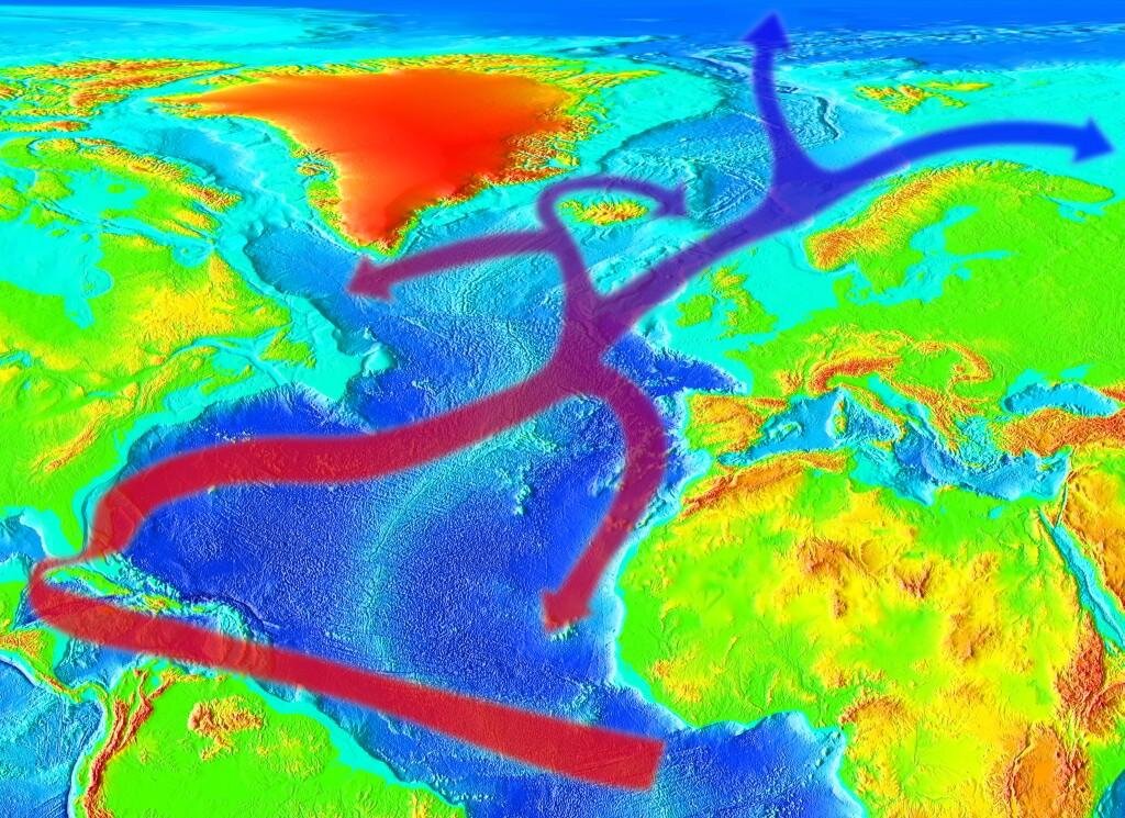 Схематическое изображение переноса тепла течением Гольфстрим, которое использует ВикипедияRedAndr / wikimedia commons / CC BY-SA 4.0