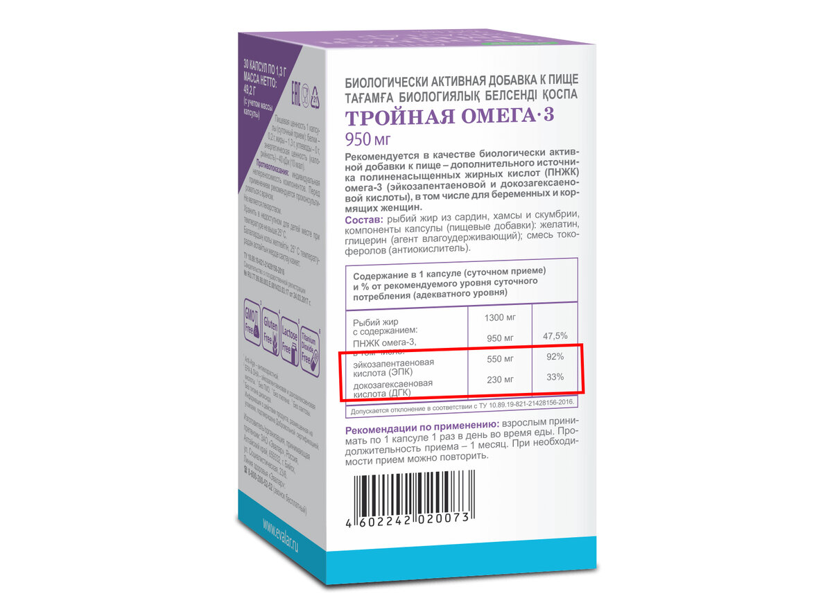 
Если вы питаетесь правильно, количества ЭПК и ДГК из «Тройной Омега-3» достаточно, чтобы не допустить дефицита этих веществ