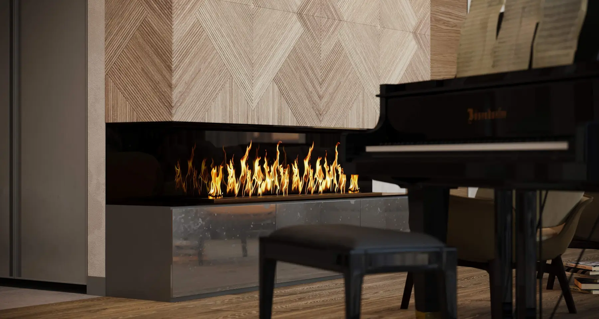 Встроенный камин в музыкальной гостиной