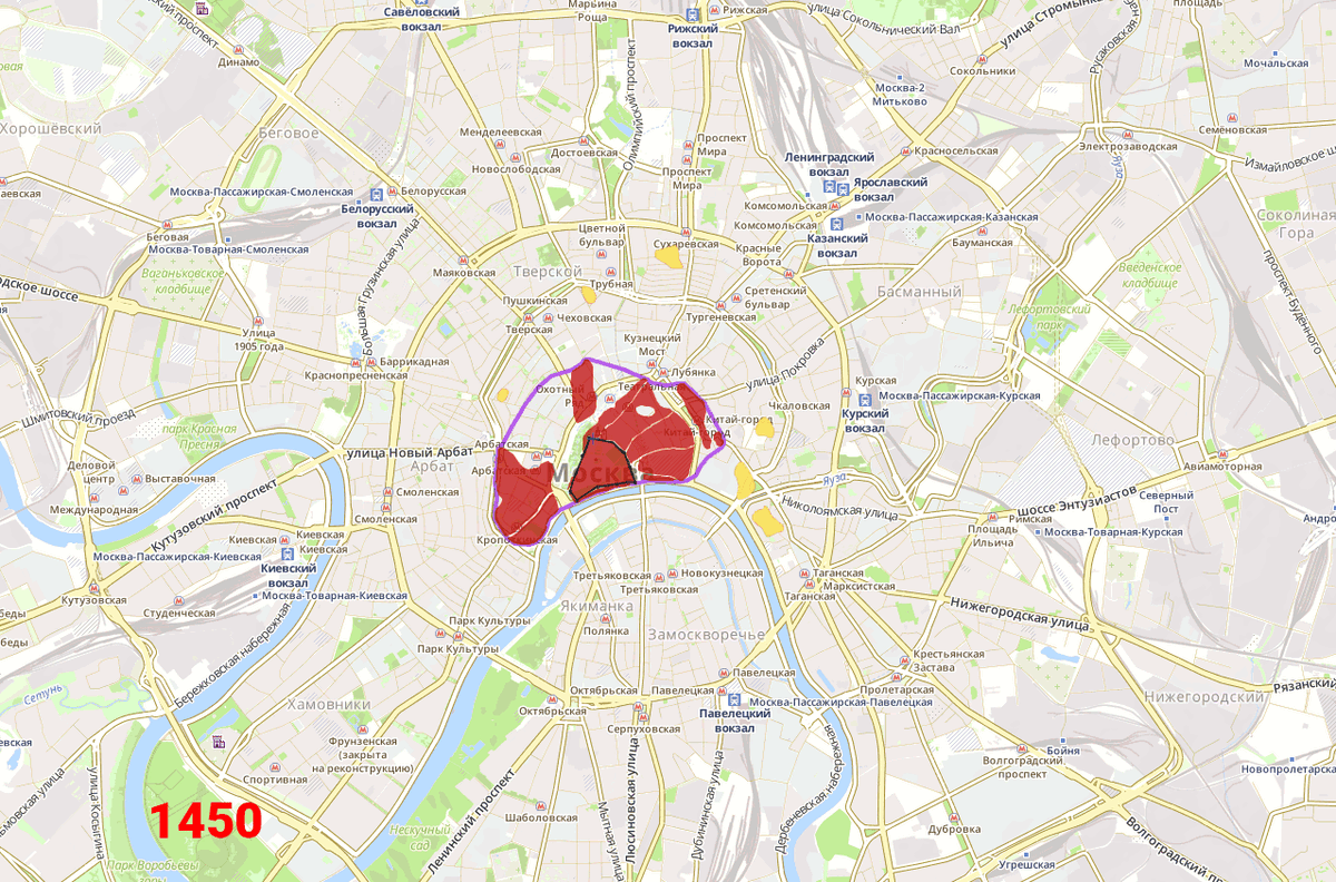 Рост Москвы в пределах Садового кольца. В Петровскую эпоху город выбрасывает протуберанцы в Хамовники и на Яузу. Автор: Никита Андреев на основе карты МИИГАиКа