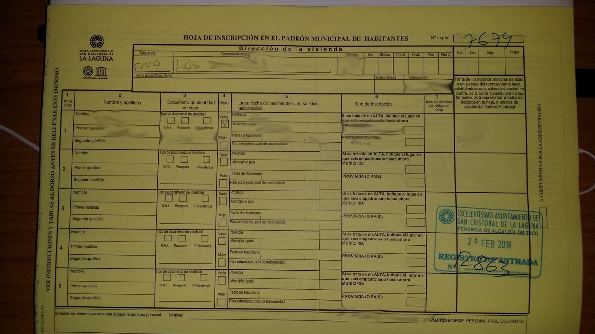 Hoja de inscripción padronal de habitantes