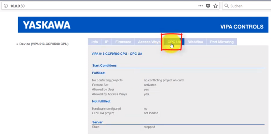 Свойства сервера OPC UA на веб страницы SLIO CPU13