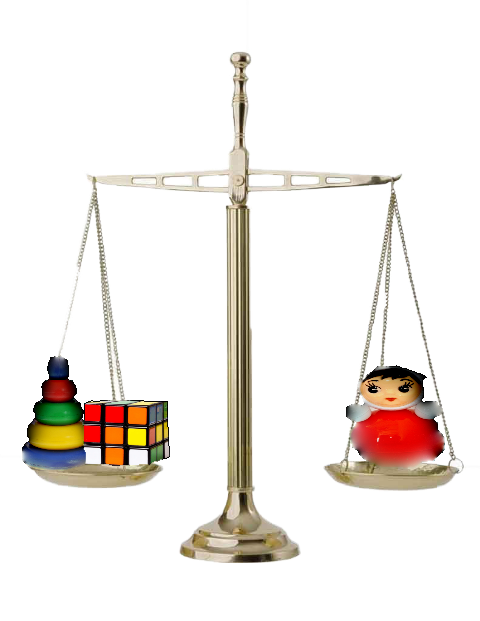 Пирамидка и кубик весят столько же , сколько и кукла