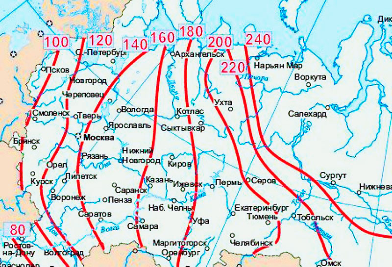 Карта средней глубины промерзания грунтов