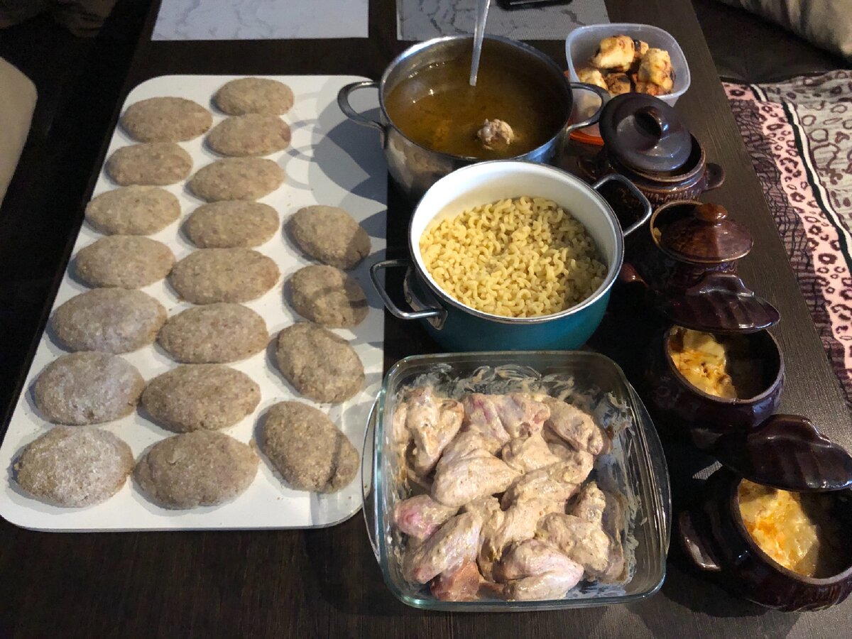 В воскресенье сделала котлеты, жаркое, суп лапша( лапшу отдельно потом варю), испекла сосиски в тесте, замариновала куриные крылья и на гарнир рожки.