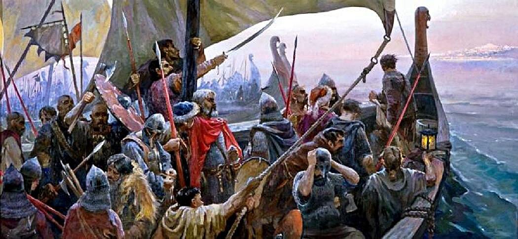 Корабли Князя Олега приближаются к Босфорскому проливу и Царьграду