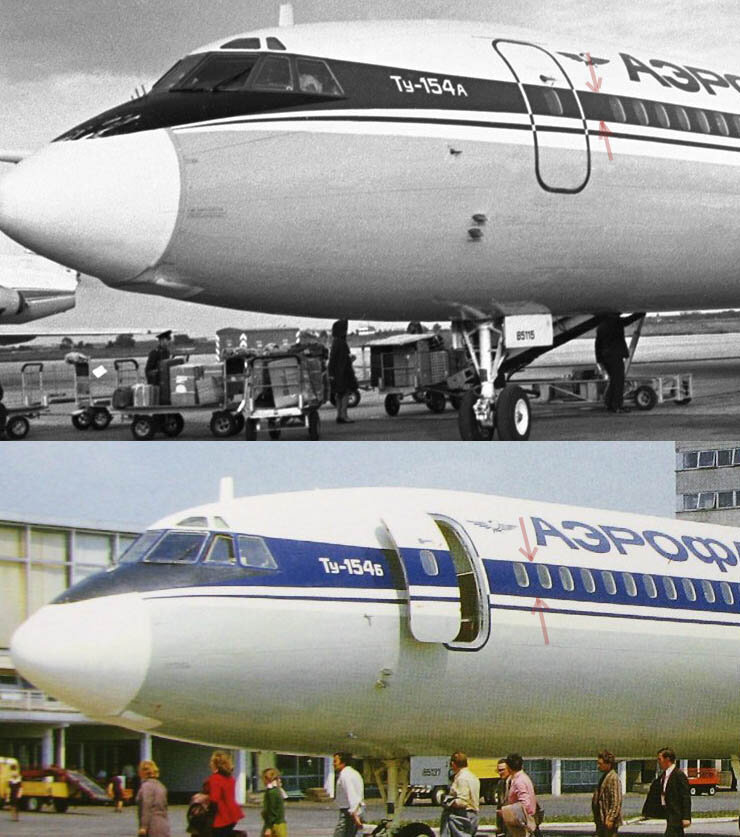 Сравнение ширины голубой оконной полосы у Ту-154А и Ту-154Б.