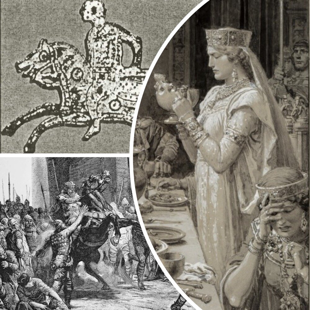 Изображение лангобарда. Внизу - Альбоин при Павии. Розамунда во время пира.