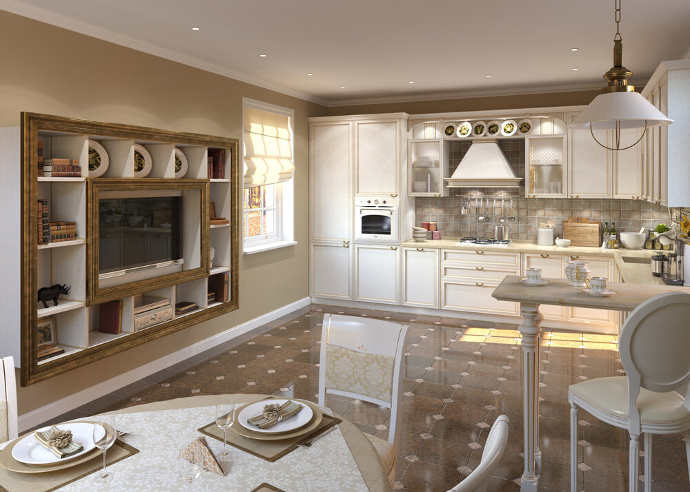 Чем хороша кухня-столовая? Вас появляется возможность путем совмещения зрительно увеличить пространство. Особенно в этом Вам помогут правильный выбор цвета мебели, например, светлые оттенки — белый, бежевый, теплый золотистый. 